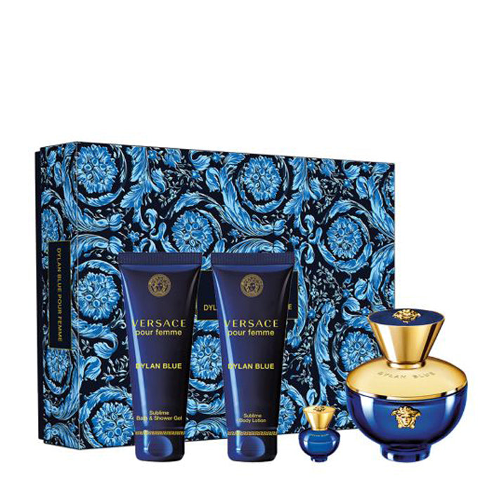 Versace Dylan Blue Gift Set For Women, EDP 100ml + 5ml Mini + Shower Gel 100ml + Body Lotion 100ml